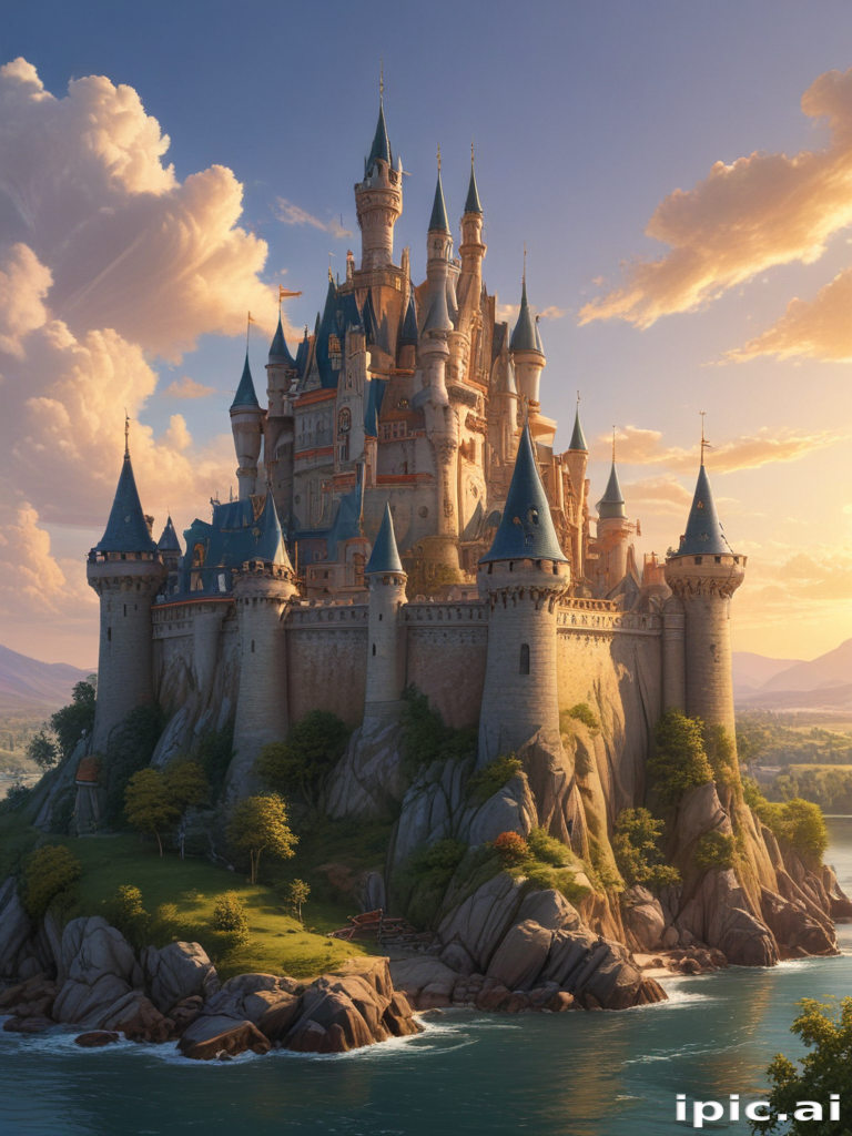 A Majestic Fairy Tale Castle Surrounded by Lush Landscapes and Water