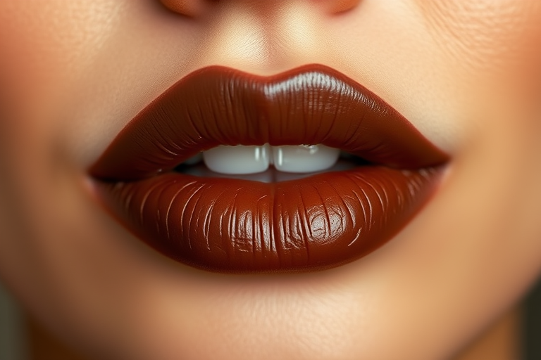 Rich chocolate brown lips with a creamy satin finish and warm undertones, known as "Cocoa Luxe Indulgence"