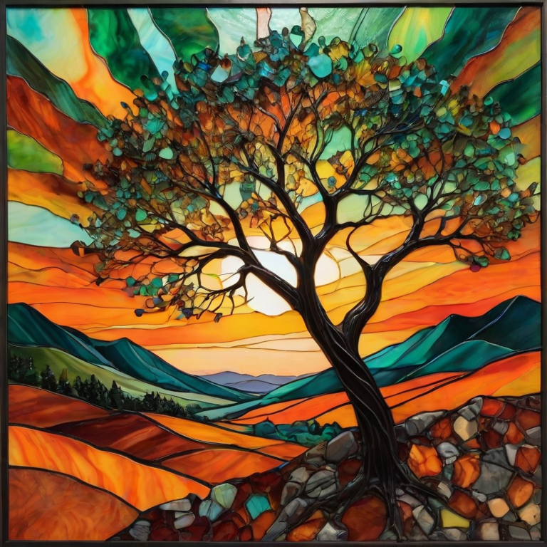 A vibrant abstract painting on Tiffany Glass, blending acrylic and alcohol ink techniques, captures a dramatic sunset over rolling hills. The artwork features a textured, rocky foreground in green and brown, layered abstract hills, and a striking sunset in rich oranges, yellows, and reds. A solitary black tree with intricate branches contrasts against the fiery sky, creating a dynamic and expressive portrayal of a breathtaking natural scene.