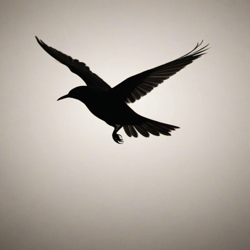 Create an abstract black silhouette of a bird in flight against a plain background.