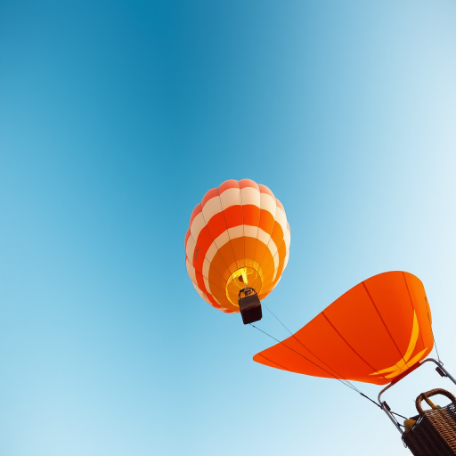 Create an image of a hot air balloon with bold orange and white stripes, captured from a low angle using a DSLR camera at f/2.8 aperture, ISO 100, 1/500 shutter speed, with a vivid color profile.
