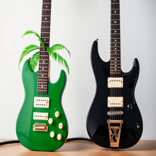 Create an image of two electric guitars resembling palm trees, one in vibrant green and the other in sleek black, captured with a DSLR camera at f/2.8 aperture, 50mm lens, 1/200s shutter speed, natural lighting, in a close-up view to enhance detail.