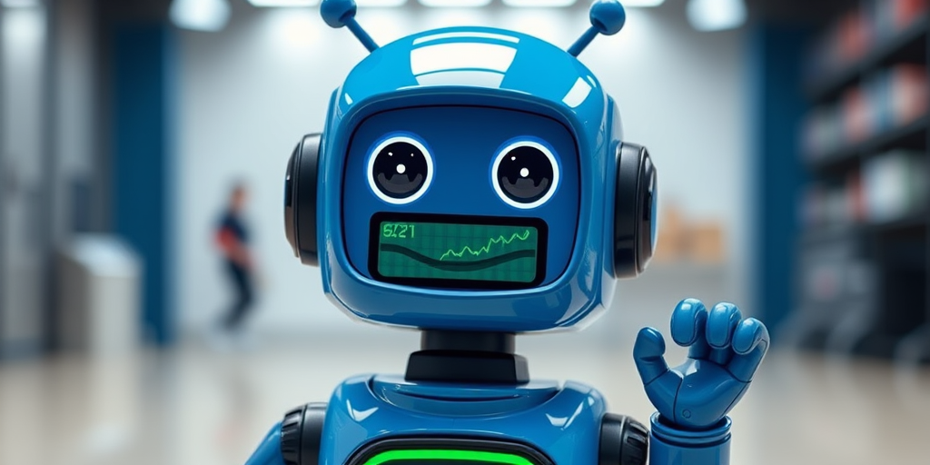 Create a friendly blue robot character with a smiling face and a digital screen displaying a green graph, photographed in a well-lit environment using a DSLR camera at f/8 aperture, ISO 100, 50mm lens, with a soft focus background for a professional look.