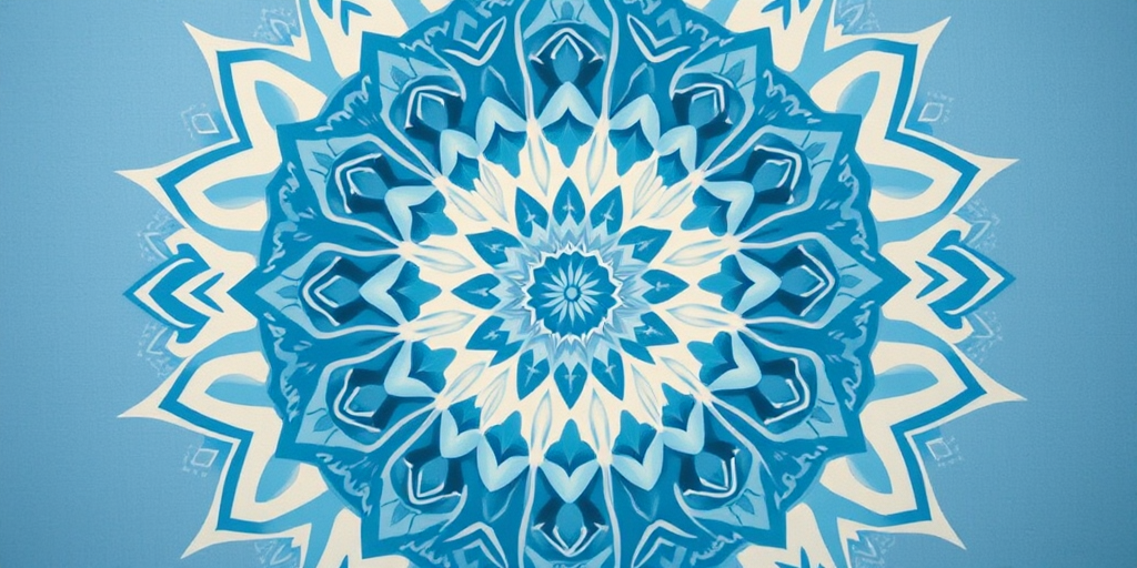 Create a symmetrical mandala design featuring intricate geometric patterns and a soothing color palette of soft blues and creams, captured with a Canon EOS R5 at f/8, ISO 100, 50mm lens, top-down view, studio lighting for enhanced detail and vibrancy.