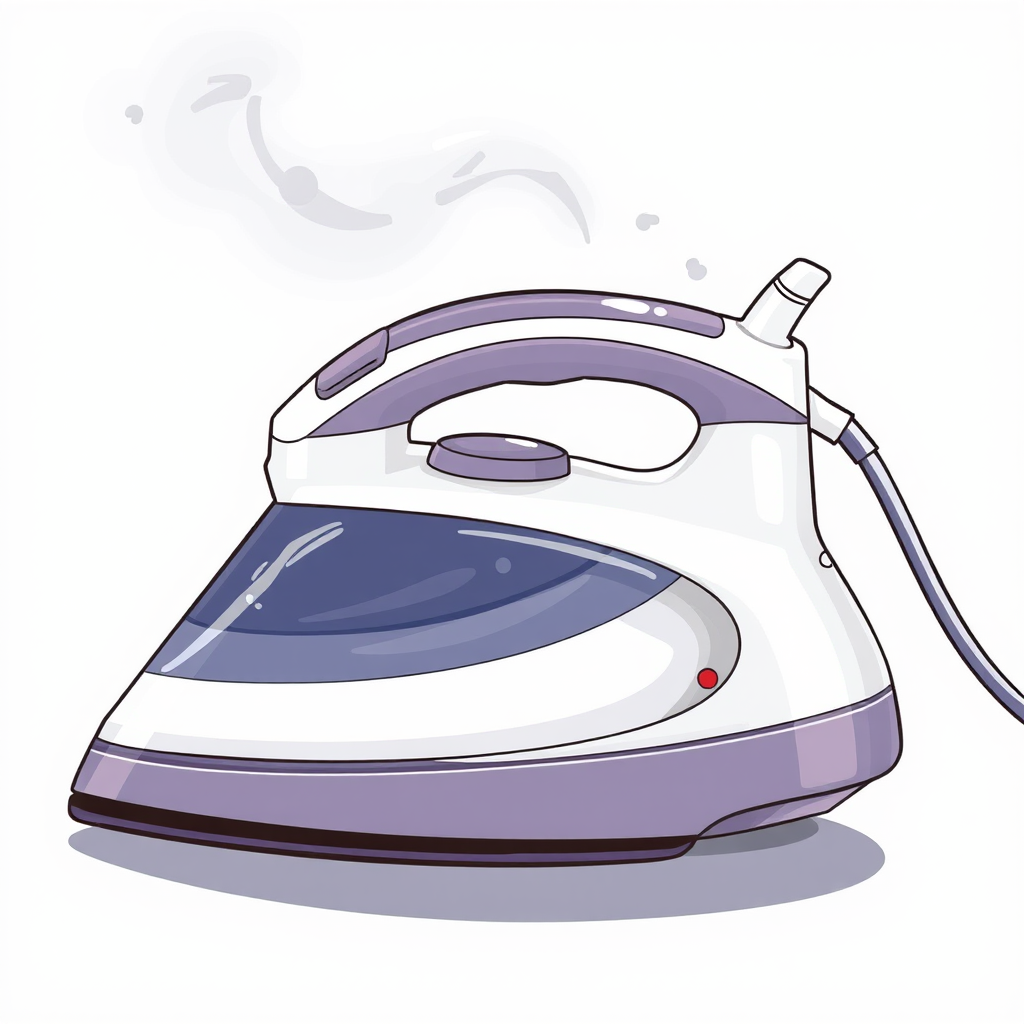 Create a high-resolution illustration of a steam iron with a sleek design, using a 50mm lens, f/2.8 aperture, captured from a 45-degree angle, in a soft light style, with a digital camera.