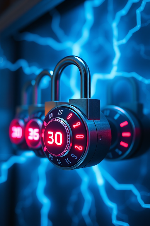 Create a futuristic image of rotating combination locks displaying numbers with a dynamic electric blue lightning background, using a Nikon D850 camera, 50mm lens, f/1.8 aperture, ISO 100, shot from a low angle view with a soft focus on the locks to enhance depth and clarity.