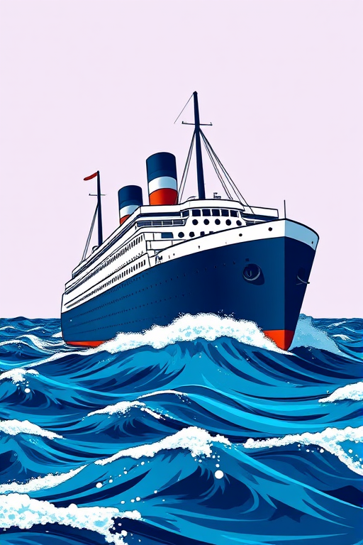 Create an illustration of a large ocean liner ship with two smokestacks, sailing on vibrant blue waves, using a digital art style with high contrast colors and clean outlines, shot with a Canon EOS R5 at f/8, ISO 100, and a 24mm lens for a crisp and detailed view.