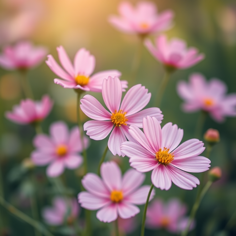 Generate a high-resolution image of pink cosmos flowers with soft focus, using a DSLR camera with a 50mm lens, aperture set to f/2.8, ISO 100, natural light, and a shallow depth of field.