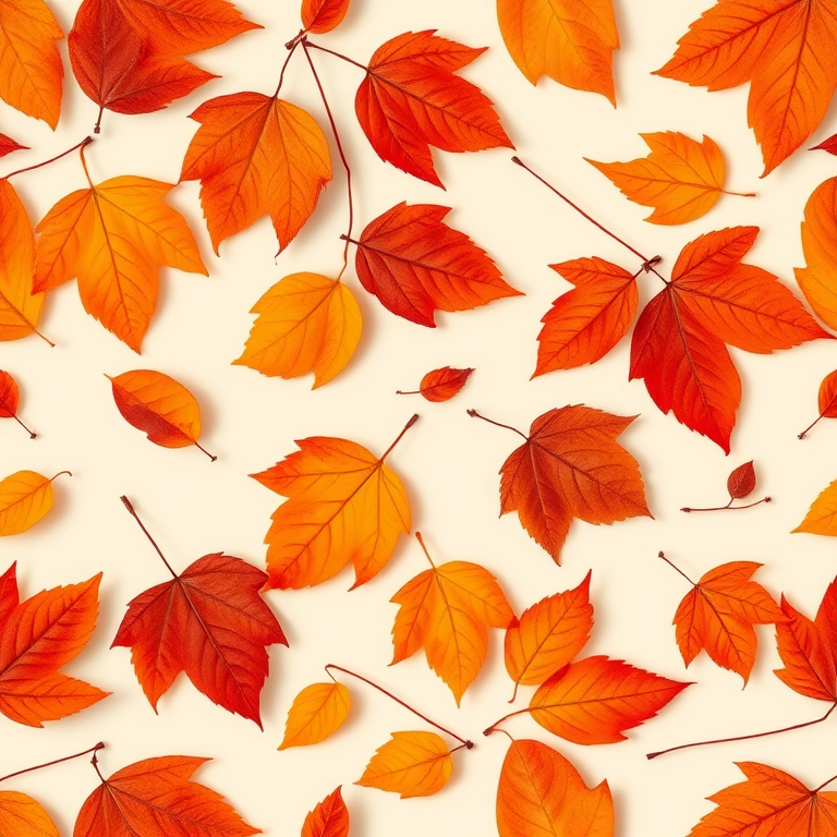 Create a seamless pattern of various autumn leaves in warm shades of orange, red, and brown against a light beige background, captured with a Canon EOS R5, f/4 aperture, 50mm lens, ISO 100, soft natural lighting for even color distribution.