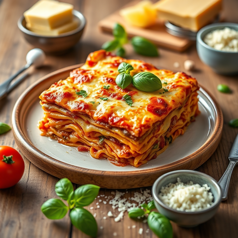 lasagna on a wooden table with fresh basil, grated cheese, and ingredients around it, shot with a Canon EOS R5, 50mm f/1.2 lens, aperture f/2.8, ISO 100, natural lighting.