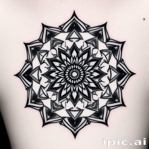 Intricate blackwork geometric tattoo called "Sacred Symmetry" showcasing a complex pattern of interconnected triangles, circles, and hexagons forming a mesmerizing mandala-like design, with bold solid black lines and precise dotwork shading creating depth and dimension in a striking monochromatic style