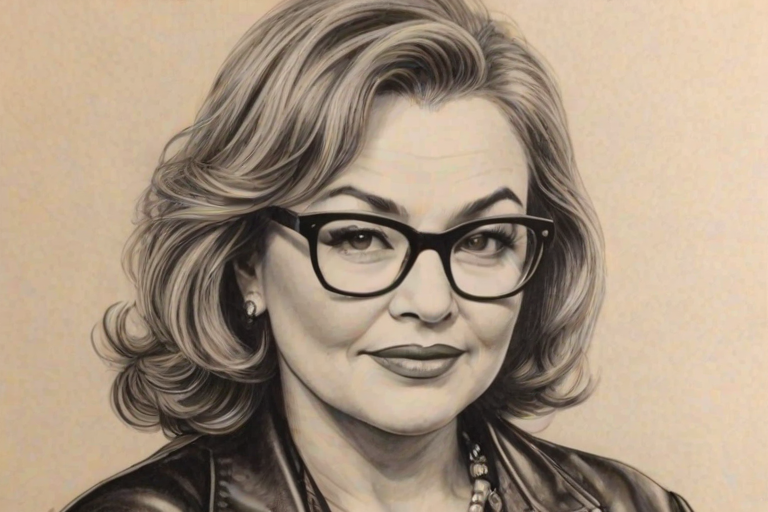 Dazzling Roseanne Barr, pencil sketch, portrait of Alluring woman 1955s in glasses, hair style beatnik, outline, clear lines, fine lines, 8k