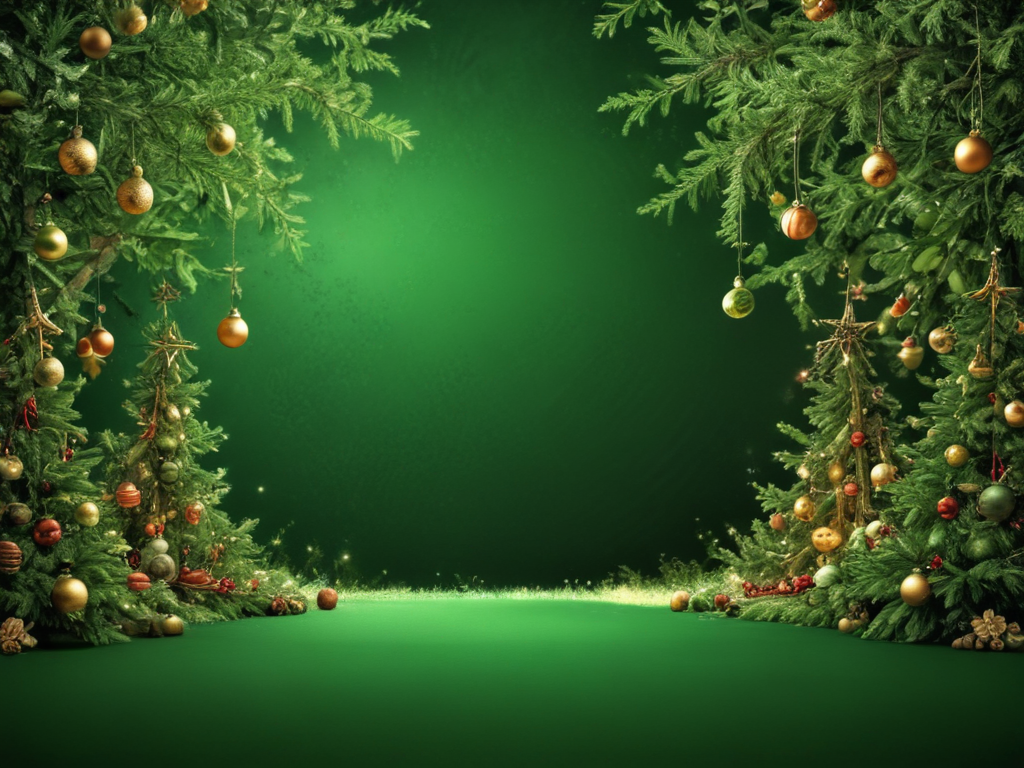 Festive Green Background with Ornamental Christmas Trees and Decorations