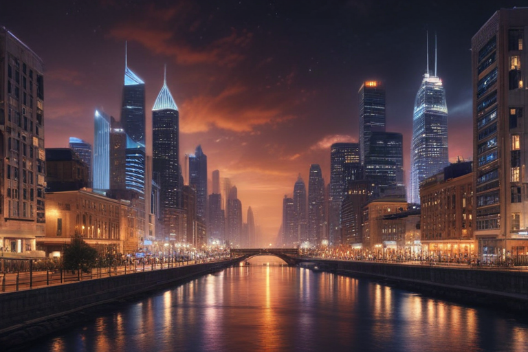 Stunning Cityscape at Dusk with Skyscrapers Reflecting on Calm River