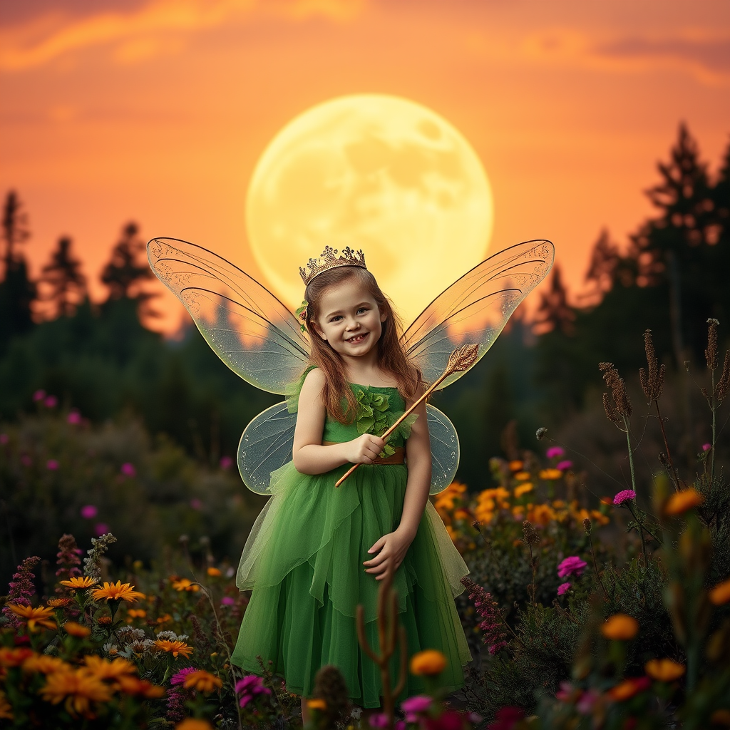 A vivid photo  taken under a bright camera flash of a fantastical scene set against a backdrop of a forest during sunset. The main subject is a girl dressed as a fairy, adorned with translucent wings and a green dress, holding a wand, her face is happy, and she wears a crown on her head. The forest behind her is a blend of flowers, shrubs and trees. The sky is painted in hues of orange and pink, with a large, glowing moon casting a warm glow over the scene. The overall color palette is dominated by earthy tones.