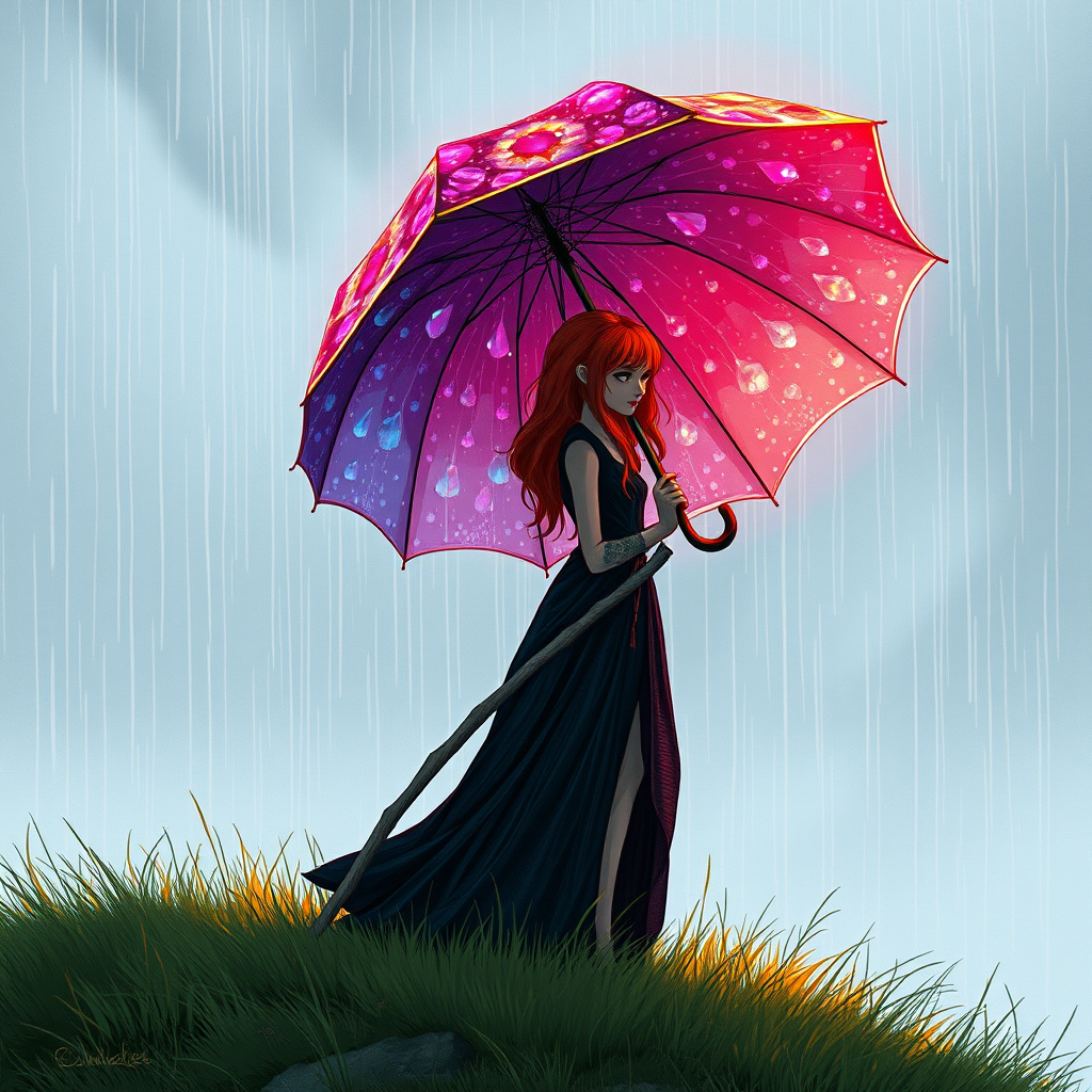 A surreal hand-drawn digital artwork depicting a mysterious red-haired woman standing on a grassy hill under the rain. She holds an umbrella crafted from iridescent zircon, its vibrant sheen contrasting with the soft, rainy atmosphere. The scene feels dreamlike, blending the natural elements of the hill and rain with the otherworldly shimmer of the umbrella.