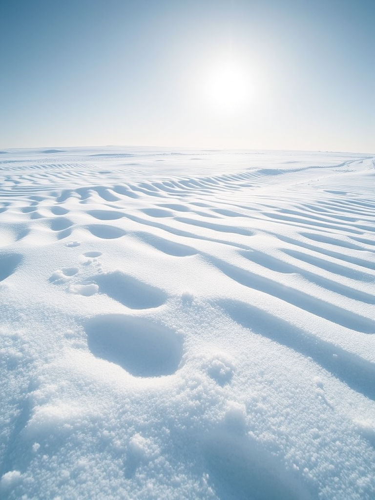 Winter landscape of undulating snow drifts under bright sunlight, captured with a Canon EOS 5D Mark IV, 50mm lens, aperture f/8, shutter speed 1/200 sec, ISO 100, soft contrast, and high saturation for enhanced texture detail.