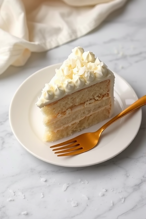 A slice of white cake with coconut flakes and frosting on a white plate accompanied by a golden fork on a marble surface with crumbs and fabric in the background.