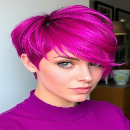 Vibrant magenta pixie cut named "Neon Nebula" features shimmering holographic highlights and a tousled, edgy texture with asymmetrical bangs framing the face elegantly