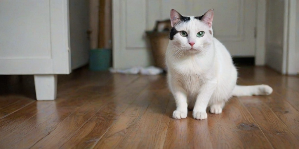 with its eyes slightly narrowed and its mouth slightly open, adding to its alert and attentive demeanor. The cat is sitting on a surface that appears to be a table or desk, piercing blue, round green eyes and a pink nose, ucat, A photograph captures a white and black cat sitting on a wooden floor in a cozy room. The cat has large