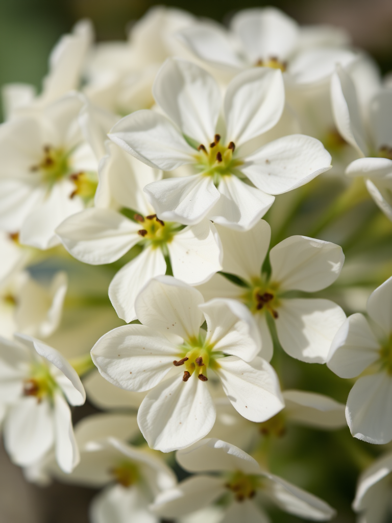 Close-up of a cluster of delicate white flowers with intricate details and black specks on the petals, taken with a DSLR camera at f/2.8 aperture, ISO 100, 1/250s shutter speed, in natural light, with a shallow depth of field for a soft background blur.