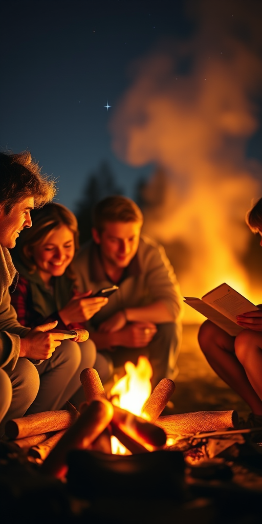 Warmly lit photo of a family gathered around a campfire, roasting hot dogs and telling stories, soft glow from the flames casting warm shadows on their faces, with distant stars twinkling overhead.