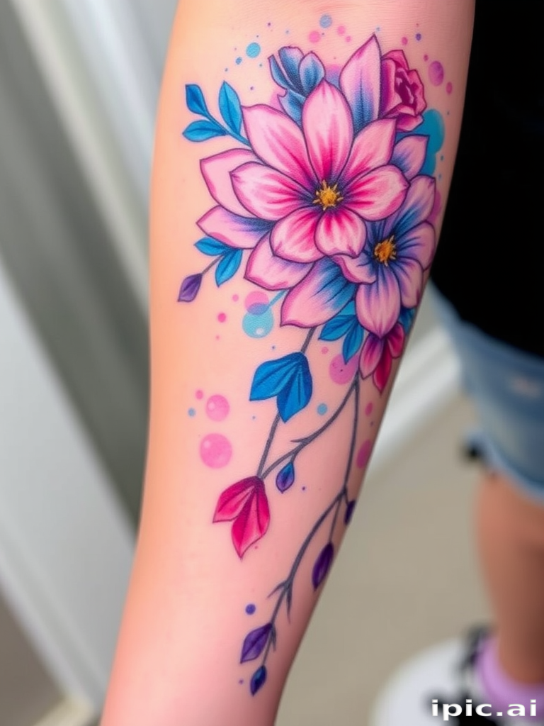 Vibrant watercolor tattoo named "Prismatic Bloom" featuring a cascading floral arrangement with splashes of vivid blues, purples, and pinks, blending seamlessly into the skin with a soft, dreamlike quality