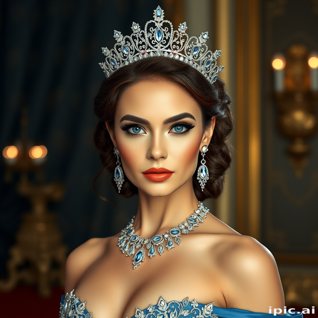 A gorgeous woman in a luxurious blue gown, accessorized with a dazzling tiara and statement earrings, her deep blue eyes highlighted by impeccable makeup, poised in a royal setting, photorealistic, 8K quality