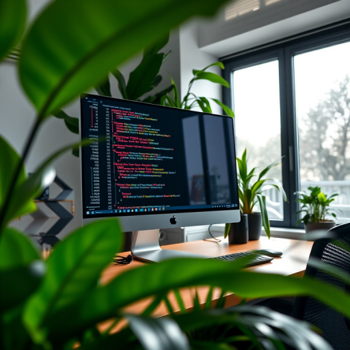 A modern home office setup featuring a sleek computer monitor displaying colorful coding text, surrounded by lush green plants, natural light streaming through large windows, shot with a Canon EOS R5, 50mm lens, f/1.8 aperture, ISO 100, 1/200 sec shutter speed, wide-angle view, soft focus on the background for depth.