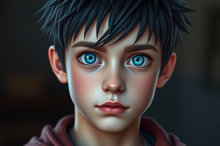 Generate a high-resolution digital portrait of a young male character with black spiky hair and blue eyes, using a Canon EOS R5 camera, 50mm f/1.8 lens, aperture set to f/2.8, ISO 100, and a soft focus background to enhance clarity and detail.