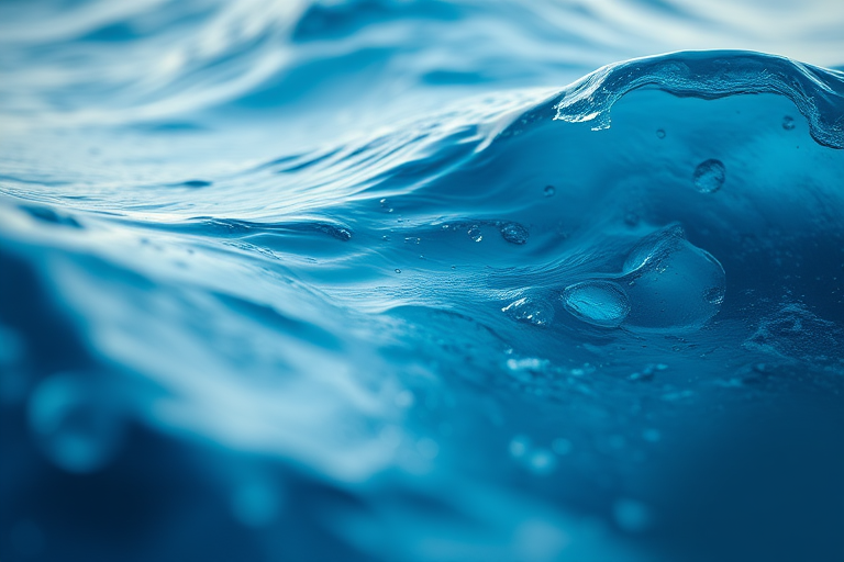 create an abstract painting of ocean waves with shades of blue, using a macro lens, aperture f/8, ISO 100, 50mm lens, soft lighting to enhance texture and depth