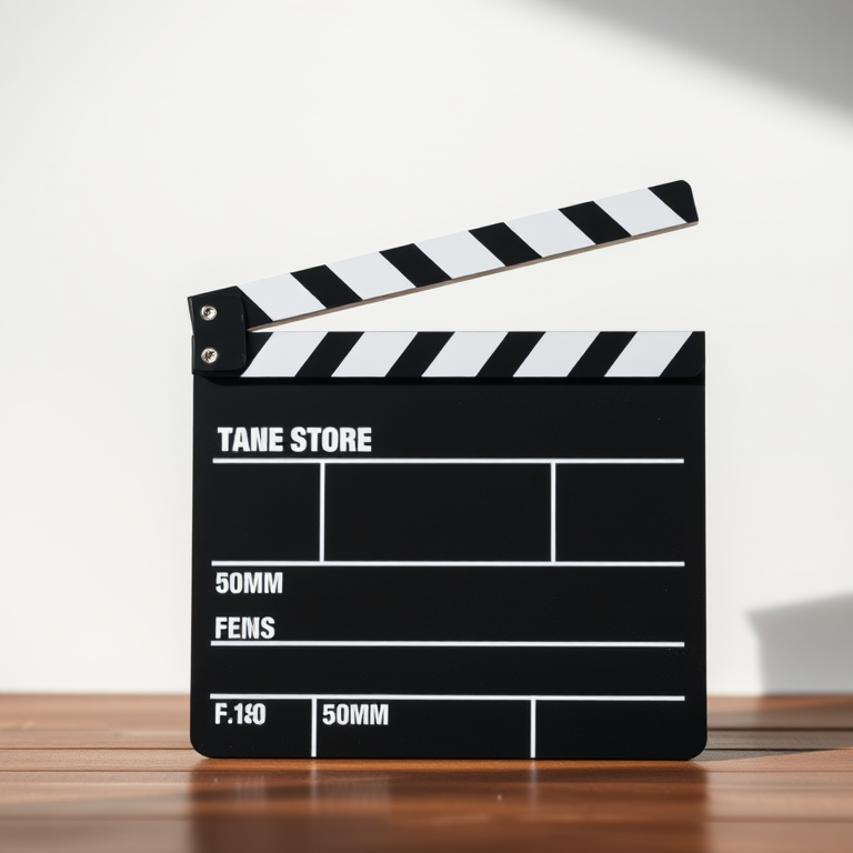 Create an image of a classic movie clapperboard with a clean background, using a 50mm lens, f/1.8 aperture, ISO 200, and a shallow depth of field for a blurred background effect, captured from a front view in natural light with a DSLR camera.