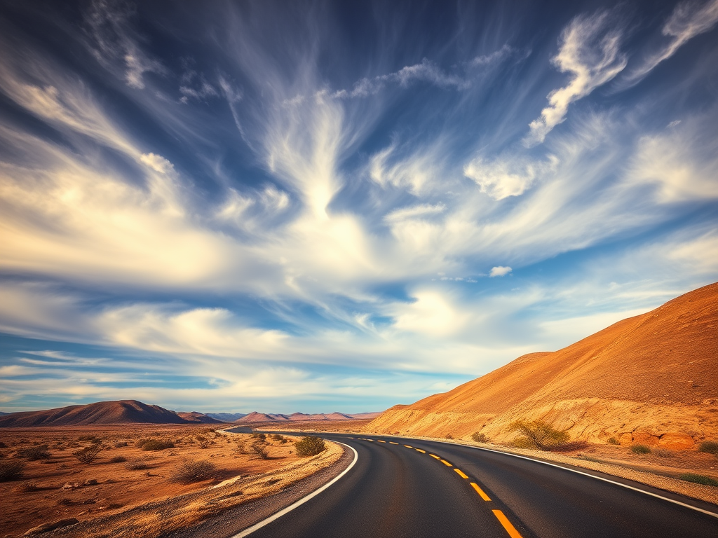 A winding road through a dry landscape under a dramatic sky with swirling clouds, captured with a DSLR camera at f/8 aperture, 1/200s shutter speed, ISO 100, wide-angle view, enhanced color saturation, and high dynamic range.