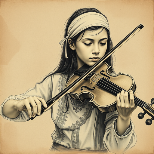 a young M'tis woman with a white headband playing a violin, in the style of a charcoal drawing, sepia grunge background