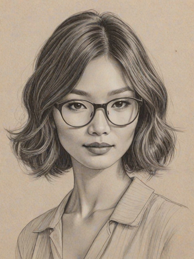 Delightful Gemma Chan, pencil sketch, portrait of Lovely woman 1927s in glasses, hair style beatnik, outline, clear lines, fine lines, 8k