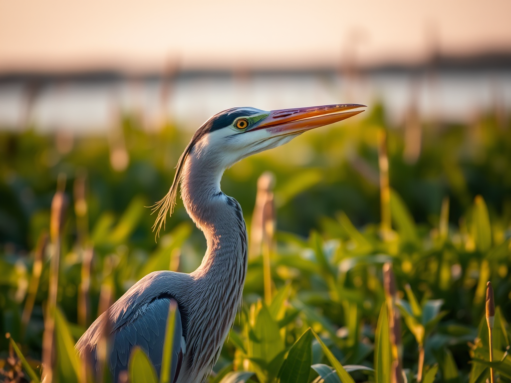 Capture a close-up of a heron in a lush wetland, using a DSLR camera with a 50mm lens, aperture set to f/2.8 for shallow depth of field, ISO 200 for clear details, and a shutter speed of 1/250s to freeze motion, in natural light during the golden hour to enhance colors and textures.