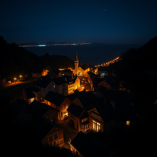high-angle night shot of a quaint village with illuminated buildings and a distant horizon, using a Canon EOS R5, f/4, ISO 800, 24mm lens, capturing vibrant lights with a long exposure for enhanced clarity and detail.