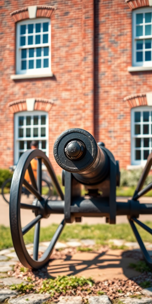 A historic cannon on display outside a red brick building, shot using a DSLR camera, 50mm lens, aperture f/8, shutter speed 1/250s, ISO 200, with a shallow depth of field to focus on the cannon and a slightly blurred background for depth, in natural sunlight.