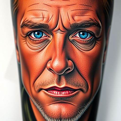 Hyper-realistic color portrait tattoo called "Living Canvas" capturing every nuance and detail of a subject's face with stunning accuracy, utilizing a wide range of colors and shading techniques, renowned for its lifelike quality