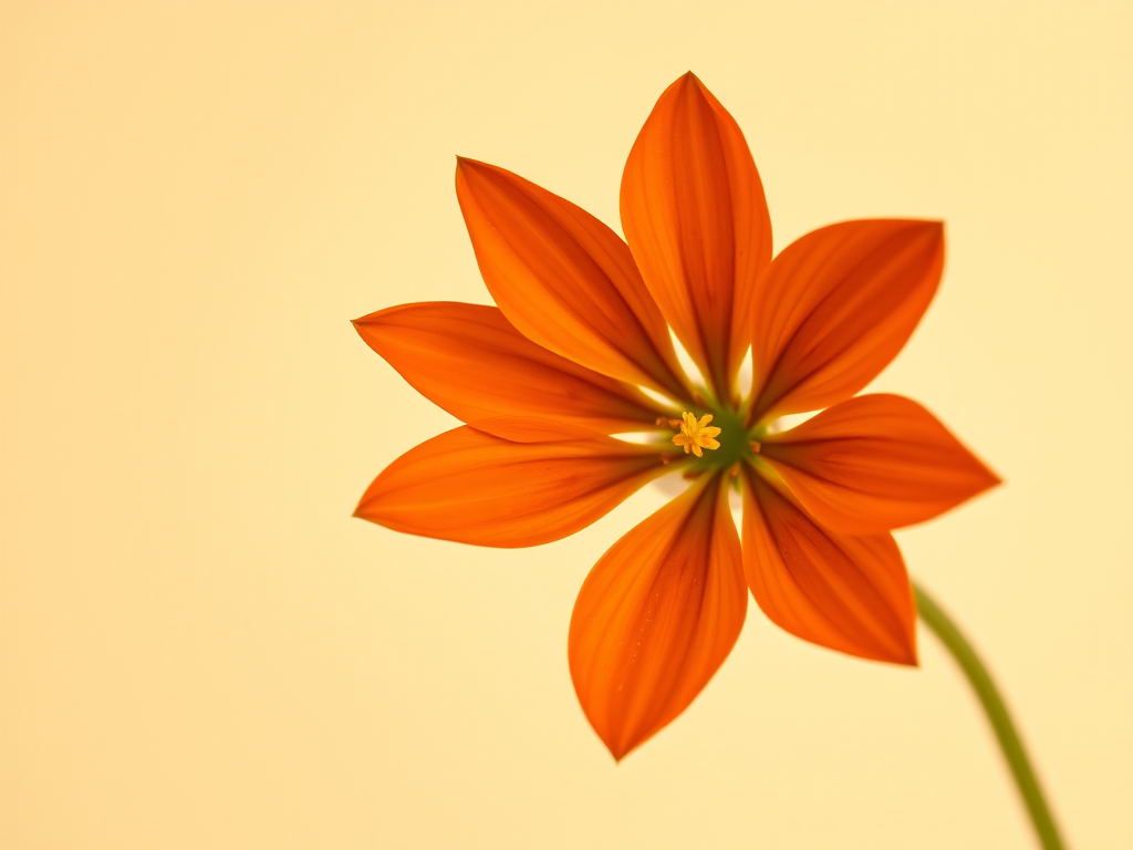Create a high-resolution image of a vibrant orange flower with six pointed petals against a soft cream background, using a DSLR camera with a 50mm lens, f/2.8 aperture, ISO 100, and a shallow depth of field for enhanced detail and color contrast.