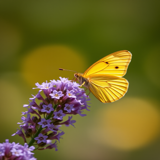 macro shot of a yellow butterfly resting on purple flowers with soft bokeh background, aperture f/2.8, ISO 100, shutter speed 1/200s, 50mm lens, shot in natural light, DSLR camera