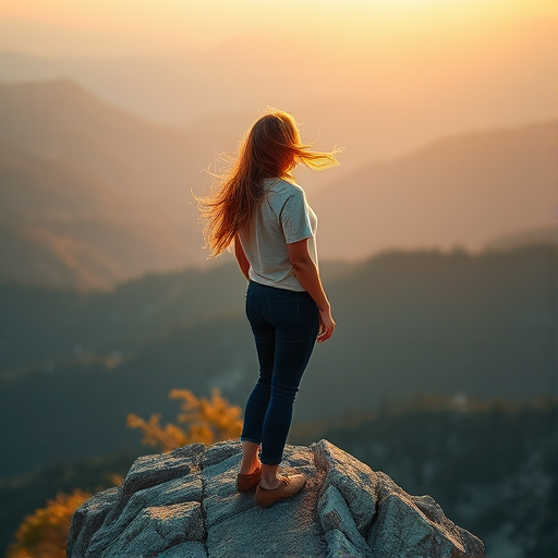 regenerate an image of a person standing on a rocky outcrop overlooking a mountainous landscape with a soft breeze gently moving their hair, using a Canon EOS R with a 50mm f/1.8 lens, aperture set to f/2.8, ISO 200, shutter speed 1/500s, shot at golden hour for warm lighting and a natural bokeh effect in the background