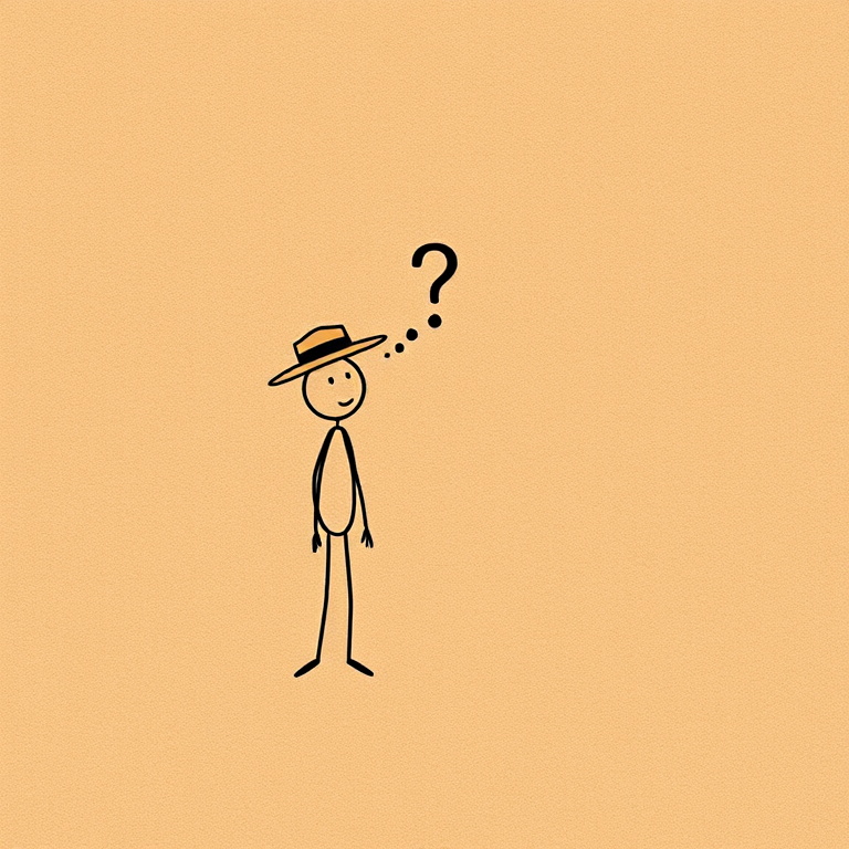 Create an illustration of a stick figure wearing a fedora standing thoughtfully next to a question mark sign on a textured brown paper background, using a Canon EOS R5 with a 50mm f/1.2 lens, aperture set to f/2.8, ISO 200, shot in soft natural light from a 45-degree angle to enhance depth and detail.