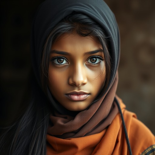 Create a portrait of a young Sri Lankan woman with long, dark hair and captivating hazel eyes. She is wearing a dark headscarf and a matching scarf draped gracefully around her neck. The background is softly blurred, focusing attention on her serene and natural expression. The overall color palette is muted and warm, enhancing the intimate and authentic feel of the portrait.