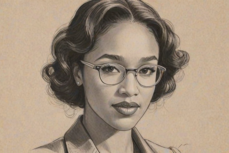 Delightful Candice Patton, pencil sketch, portrait of Elegant woman 1938s in glasses, hair style beatnik, outline, clear lines, fine lines, 8k