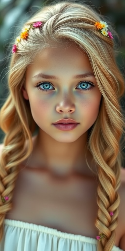 Create an image of a young Micronesian woman with long, wavy blonde hair, adorned with small, colorful flowers woven into her braids and loose strands. Her complexion is fair, with soft, glowing skin, and she has light blue eyes that gaze softly at the viewer. She wears a light, flowing dress with a gentle, ethereal quality, complementing her delicate and serene appearance. The background is slightly blurred, drawing focus to her tranquil expression and the intricate details of the flowers in her hair. The overall mood of the image is one of natural beauty and grace, evoking a sense of peacefulness and connection with nature.