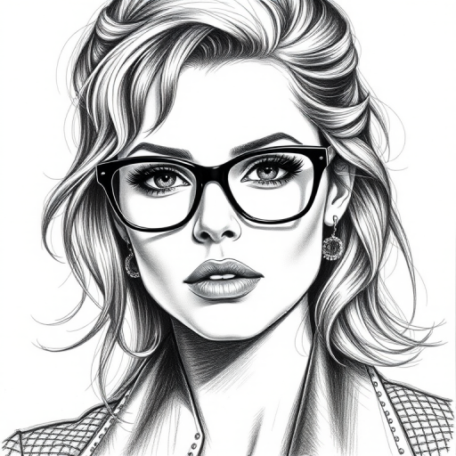 Beautiful Charlize Theron, pencil sketch, portrait of beautiful woman 60s in glasses, hair style beatnik, outline, clear lines, fine lines, 8k