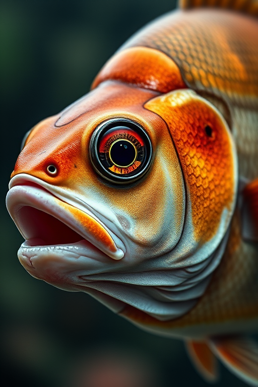 create a highly detailed, realistic illustration of a fish, showcasing intricate scales and textures, using a Canon EOS 5D Mark IV, 50mm lens, aperture f/2.8, ISO 100, 1/200s shutter speed, with a soft focus background for depth and clarity.