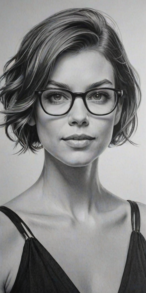 Exquisite Lauren Cohan, pencil sketch, portrait of Sublime woman 1972s in glasses, hair style beatnik, outline, clear lines, fine lines, 8k