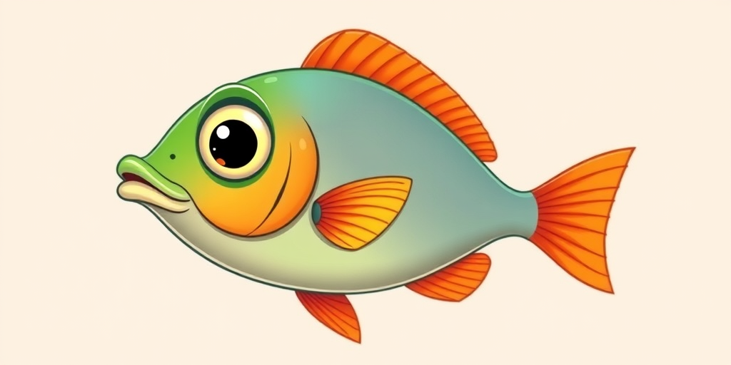 Generate a vector-style cartoon image of a colorful fish with a teal body, green head, and large eye against a plain background, captured with a 50mm lens at f/2.8, using a digital camera in bright lighting for enhanced clarity and vivid colors.